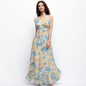 Vintage Union-Made Floral Halter Maxi Dress & Jacket Set | EUC